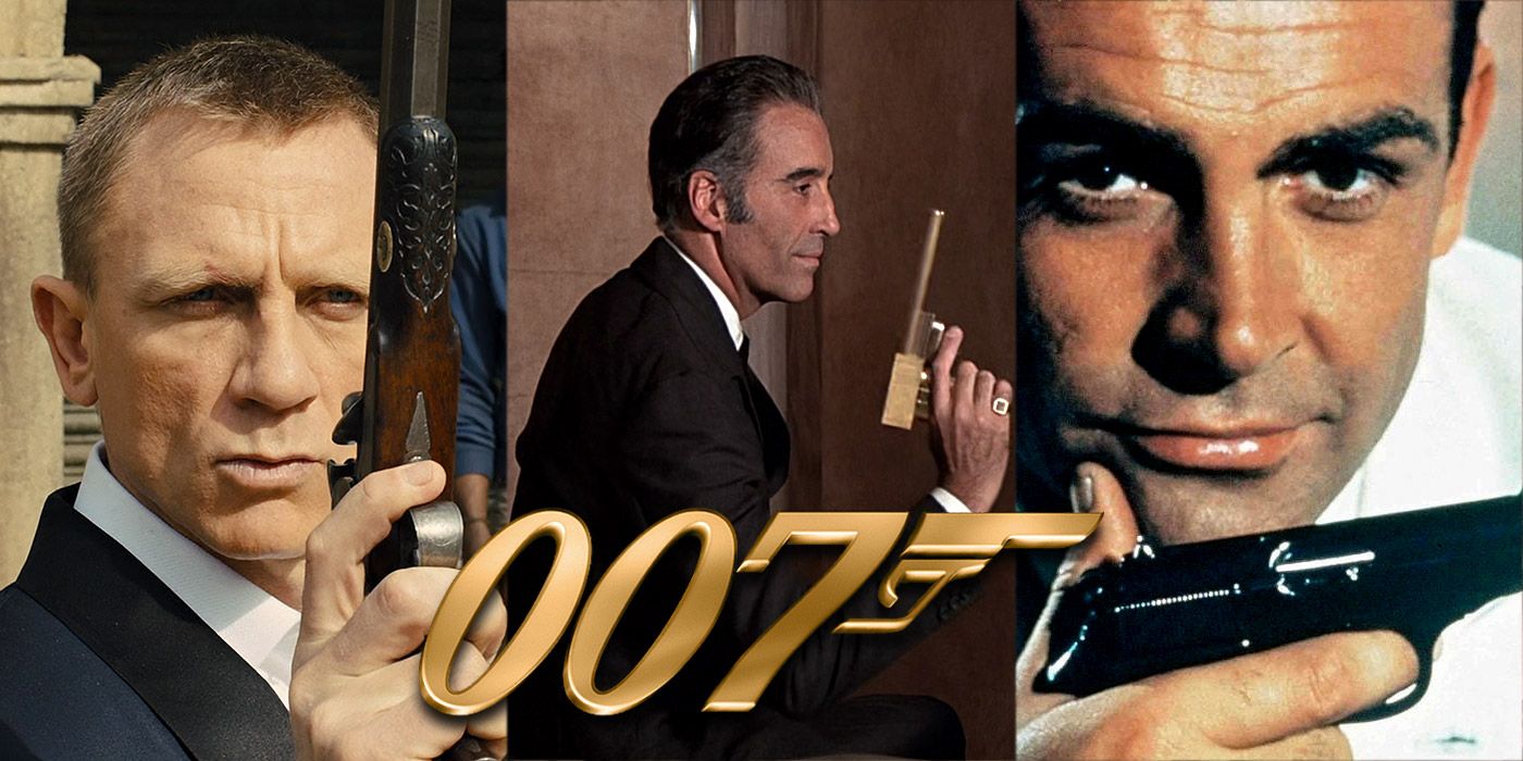 Split image of Daniel Craig, Christopher Lee and Sean Connery from the 007 films