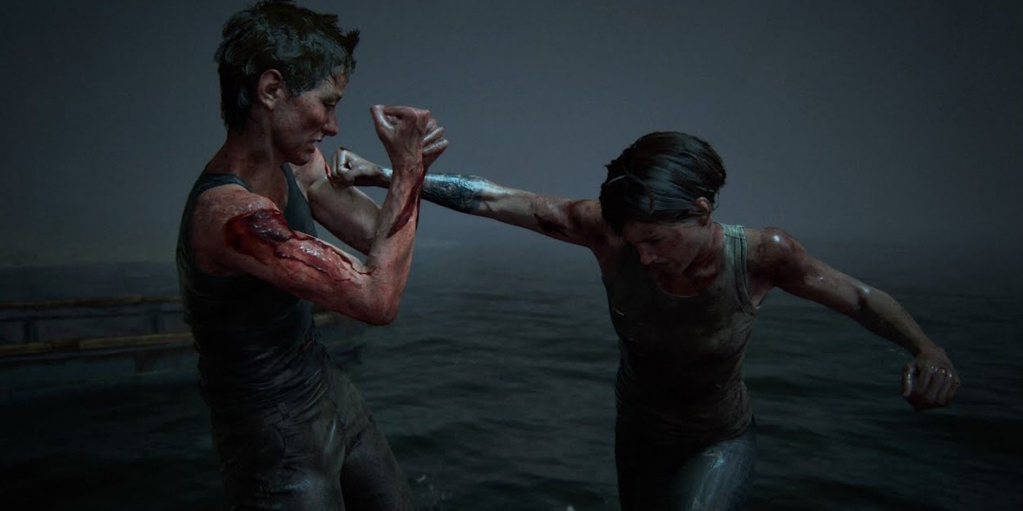 Ellie punching Abby in the shoulder against a stormy grey background during TLOU 2's ending.
