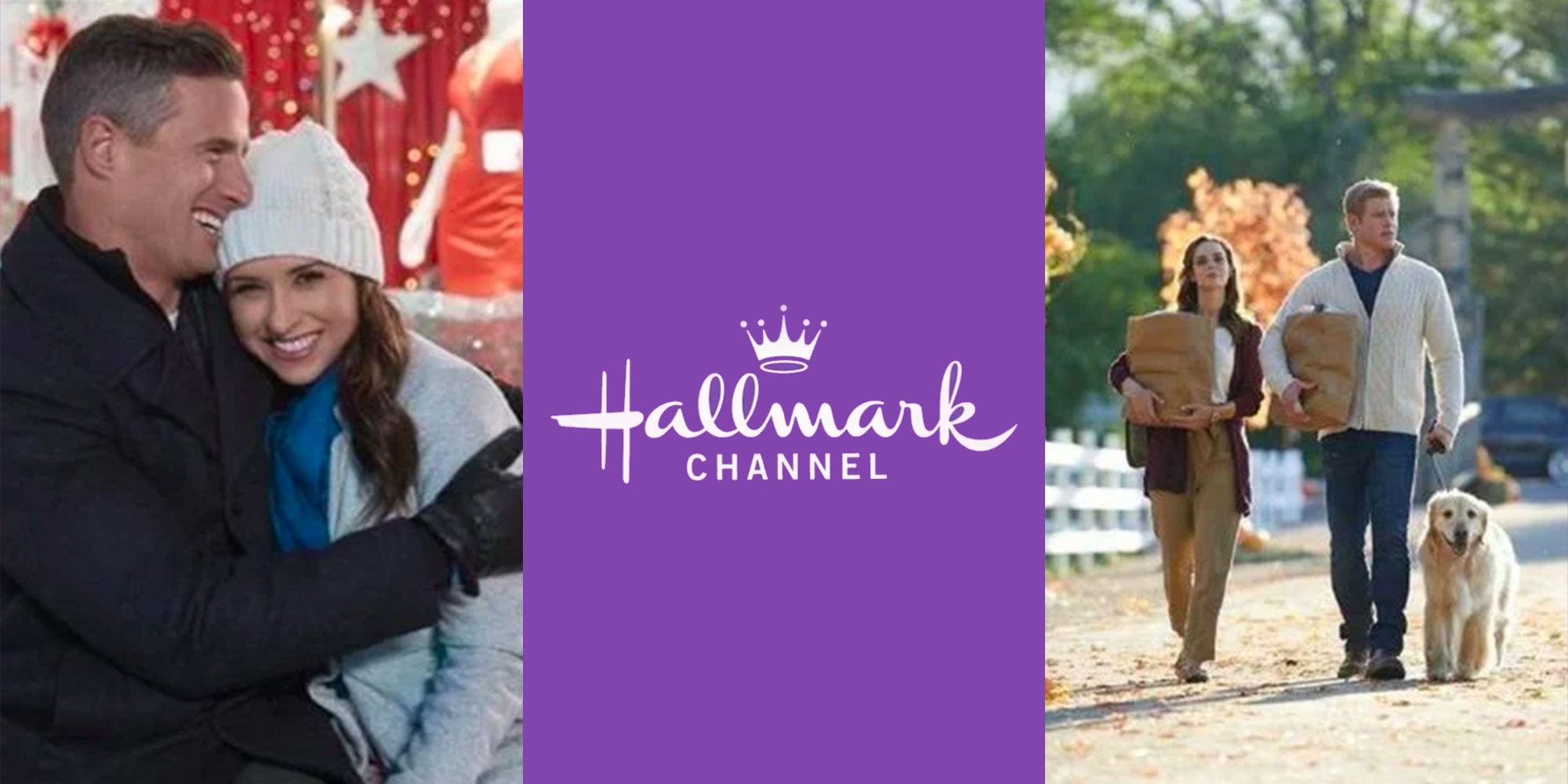 Split image of Hallmark movie characters around the Hallmark logo