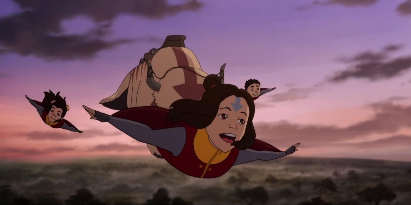 Jinora gliding ahead of a sky bison in Legend of Korra