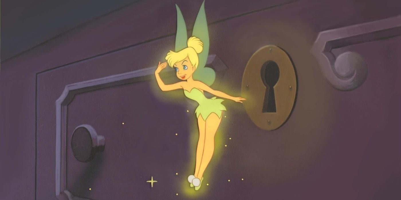 Tinker Bell in front of key hole in Peter Pan
