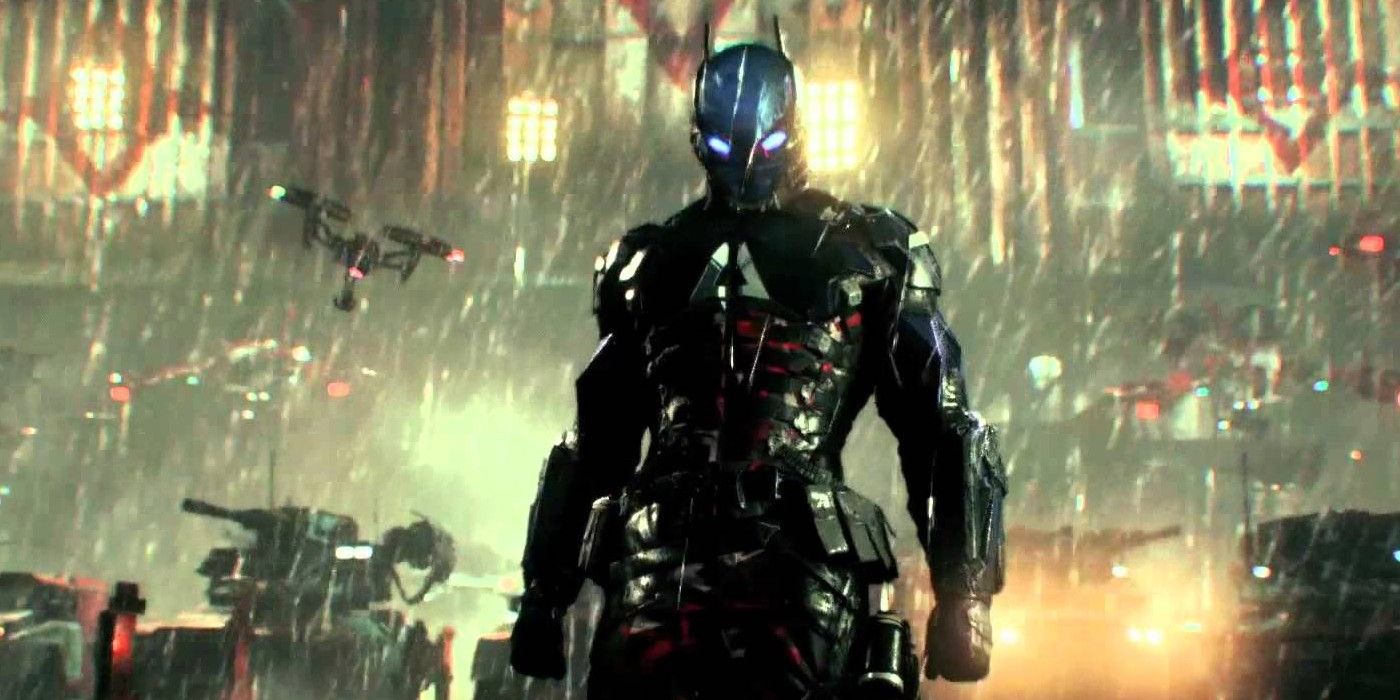The Arkham Knight standing in the rain during a cutscene in Rocksteady's third Batman game.