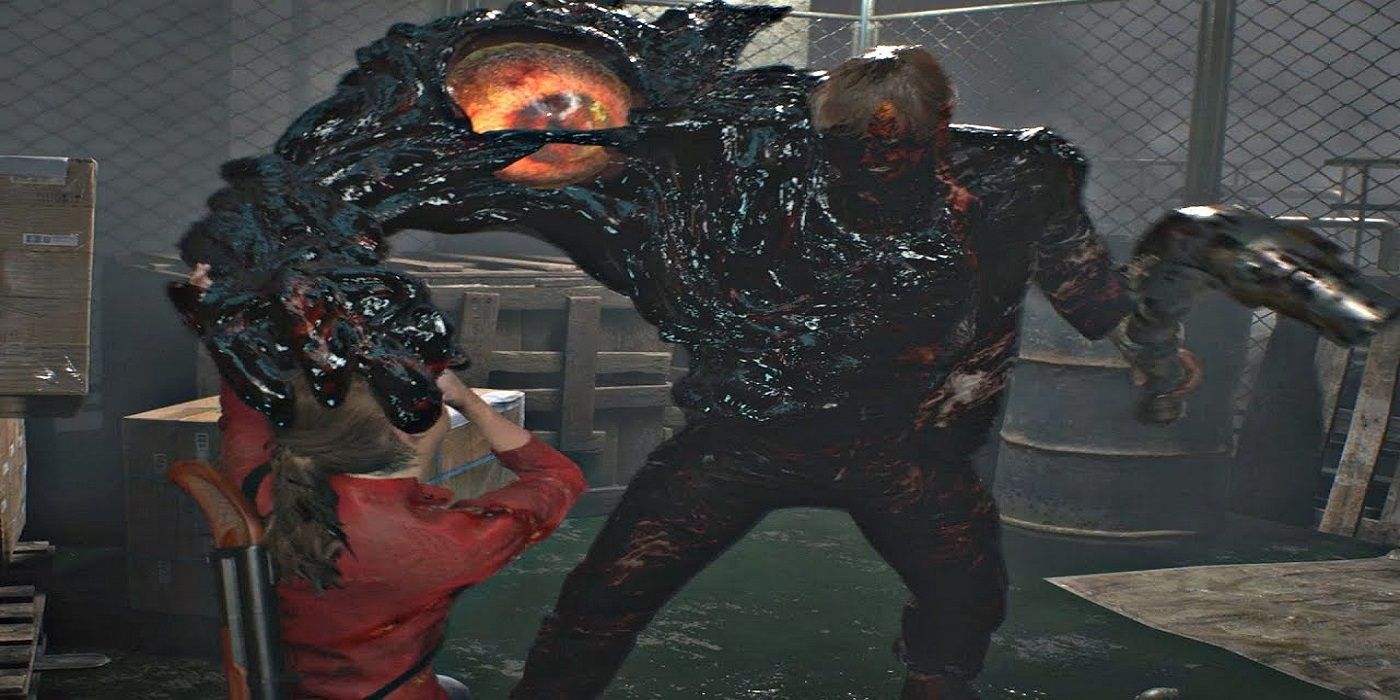 William Birkin grabs Claire Redfield's head in the Resident Evil 2 remake