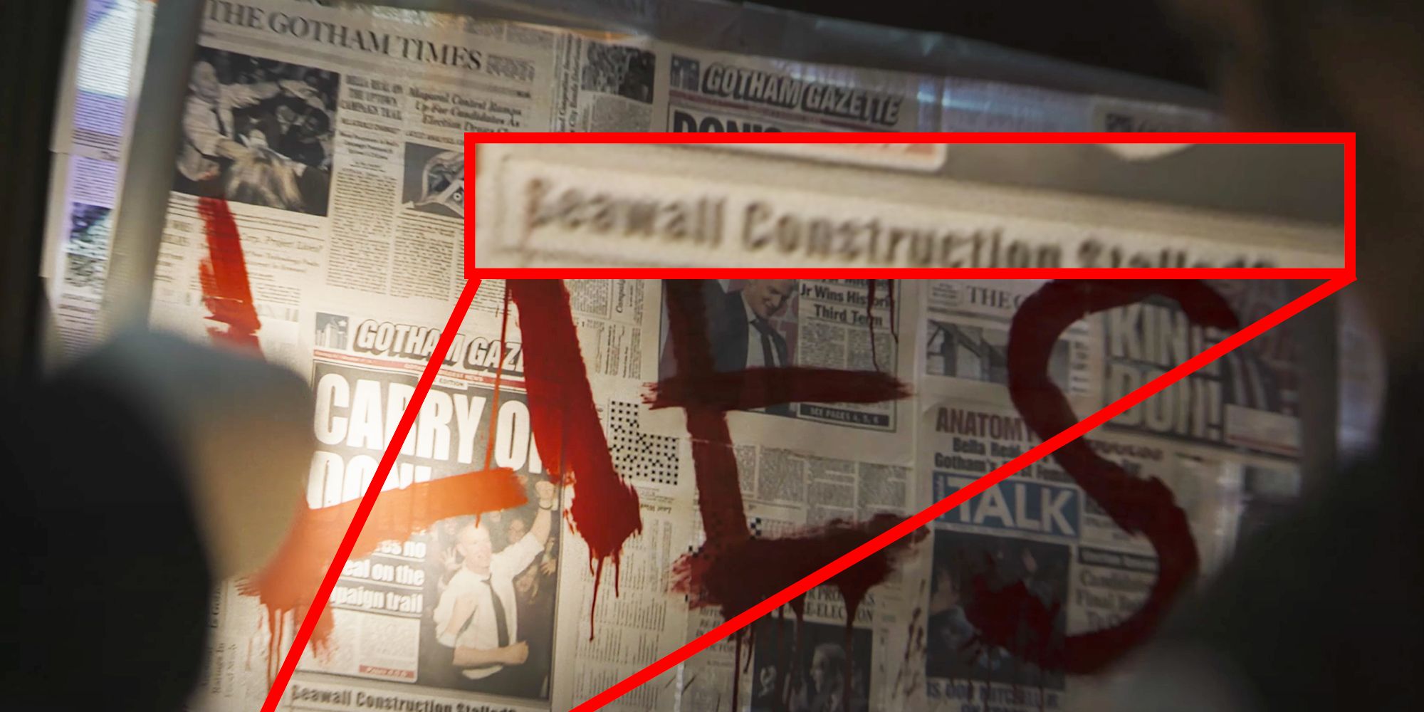 A Still from The Batman Trailer shows a sub headline on a newspaper