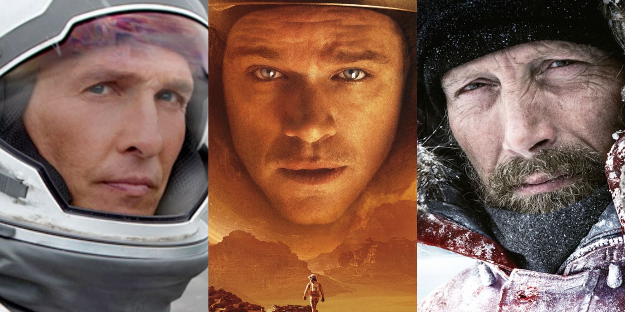 A collage of the faces of Matthew McConaughey in Interstellar, Matt Damon in The Martian and Mads Mikkelsen in Arctic from promo images