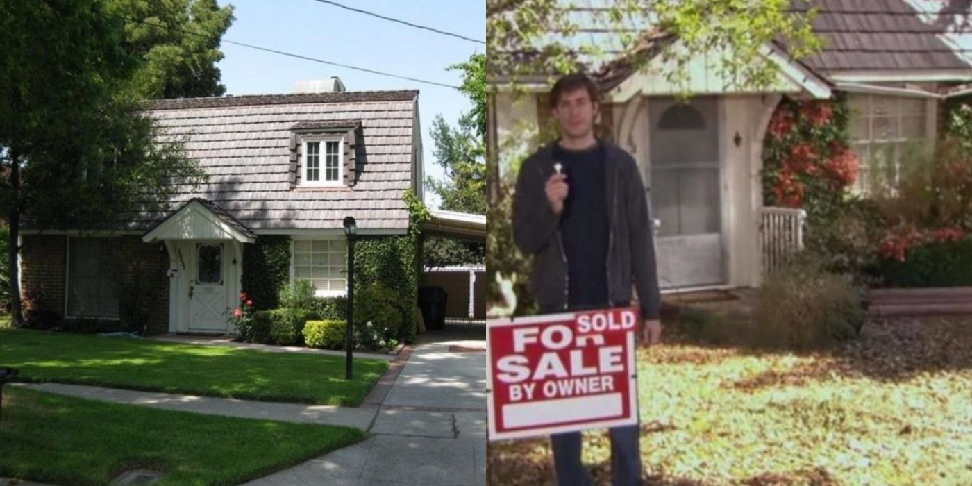 A split image of Jim and Pam&rsquo;s house from The Office. Jim also stands in front with the &lsquo;for sale&rsquo; sign