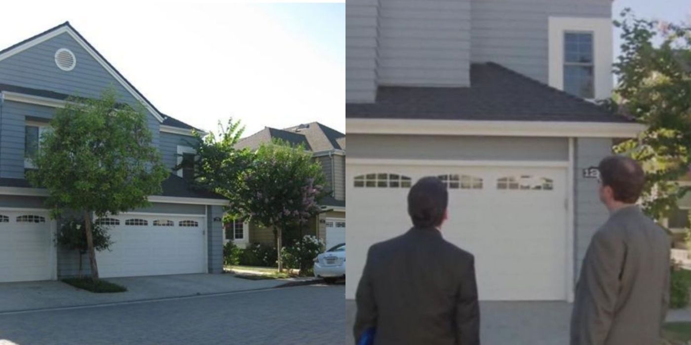 A split image of Michael and Dwight looking at Michael&rsquo;s new condo from the front yard on The Office