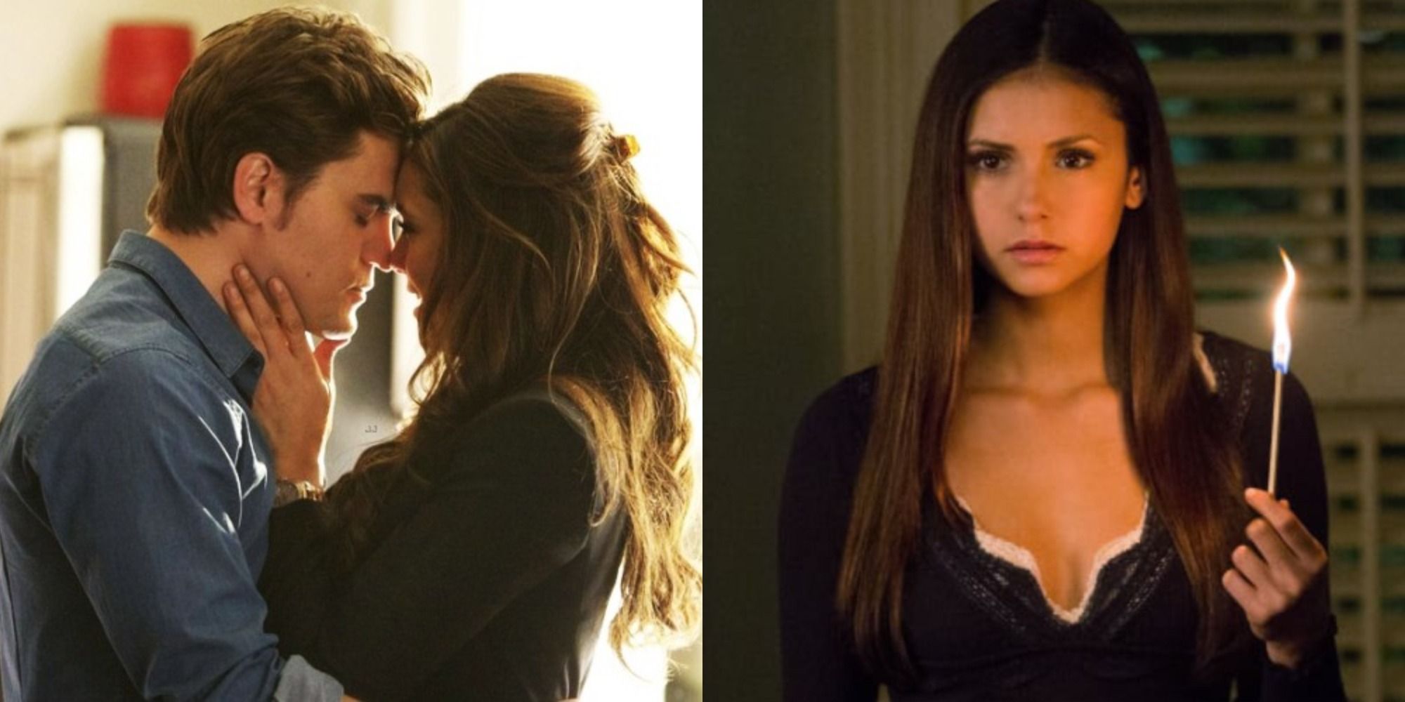 A split image of Stefan and Elena kissing and Elena holding a match in The Vampire Diaries