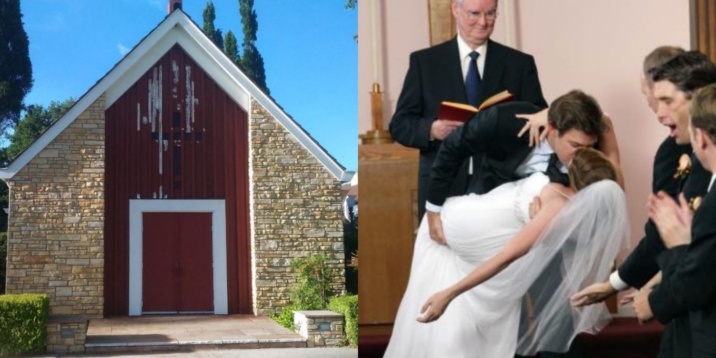 A split image of the church that Pam and JIm got married at in The Office