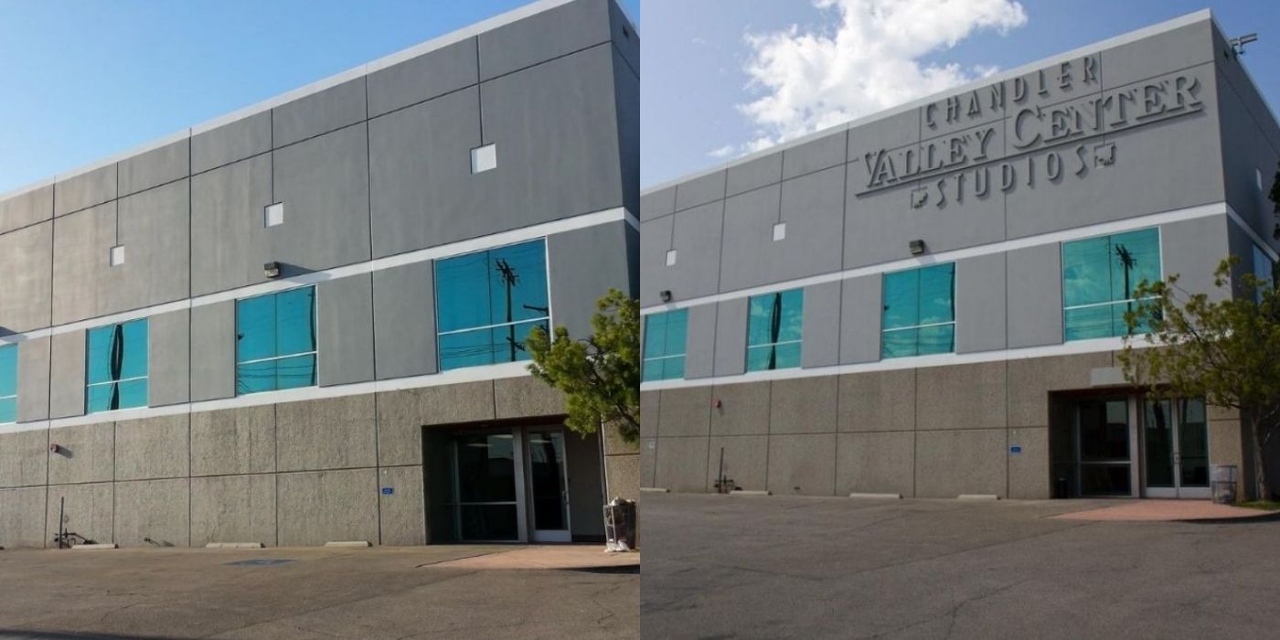 A split image of the outside of Scranton business park in The Office