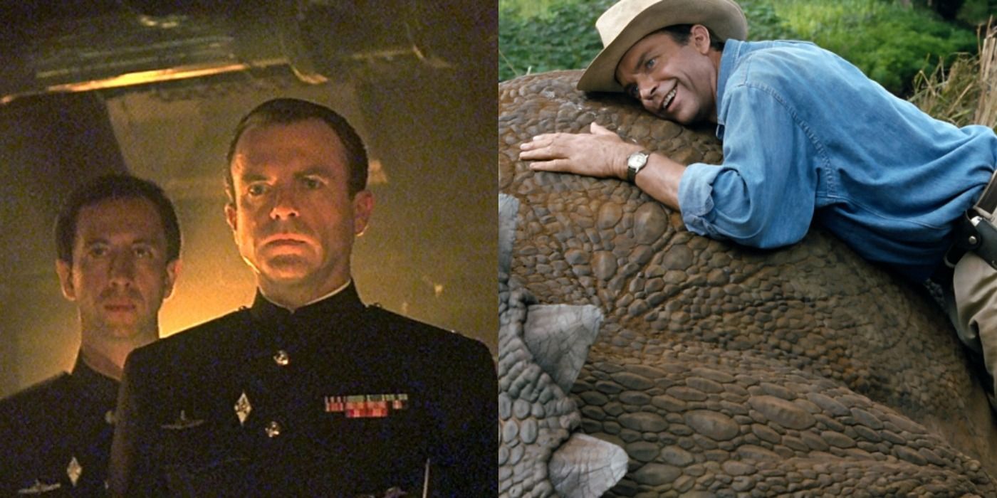 A split screen of Sam Neill in Hunt for Red October and Jurassic Park.