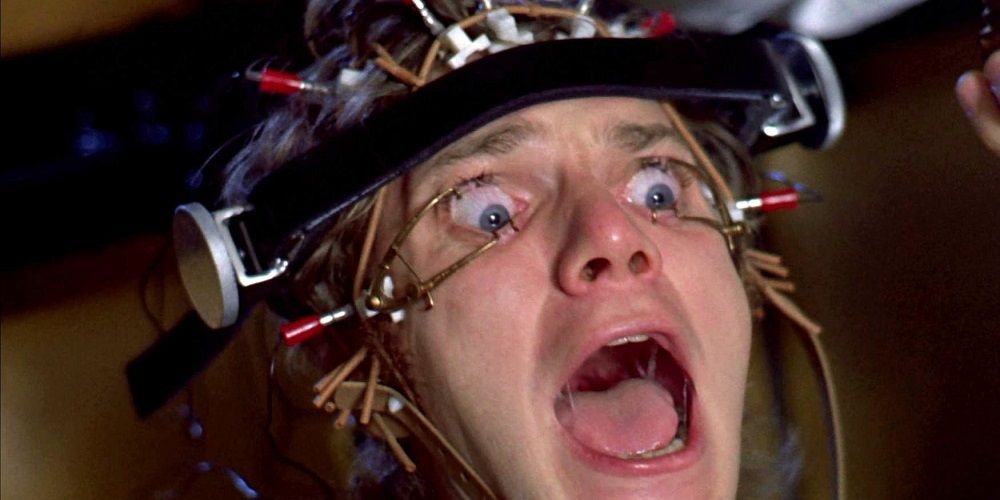 Malcolm McDowell screaming in A Clockwork Orange