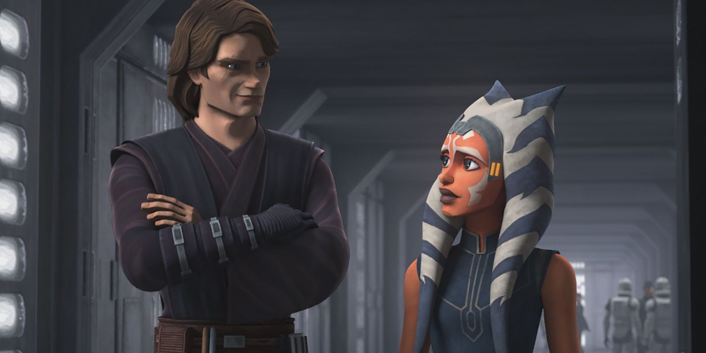 Ahsoka and Anakinlook at each other in Clone Wars .