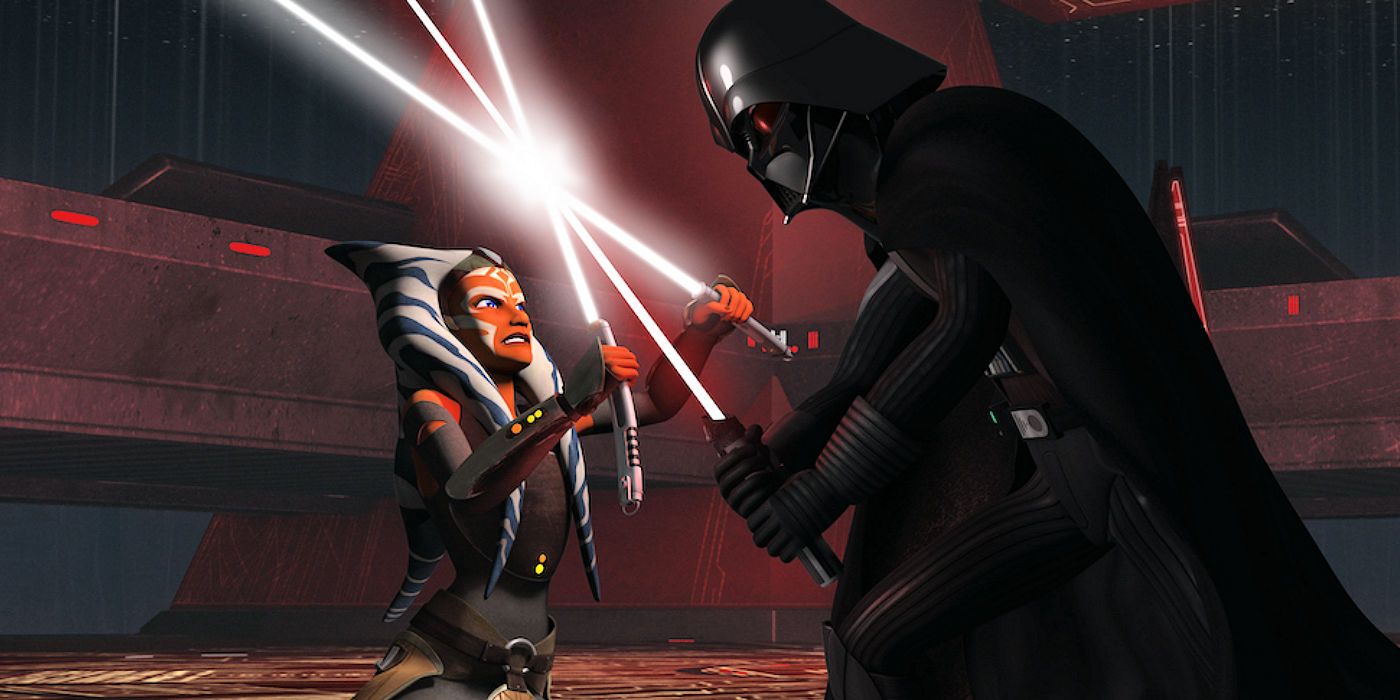 Ahsokabattles Darth Vader with her lightsaber in Star Wars: Rebels.