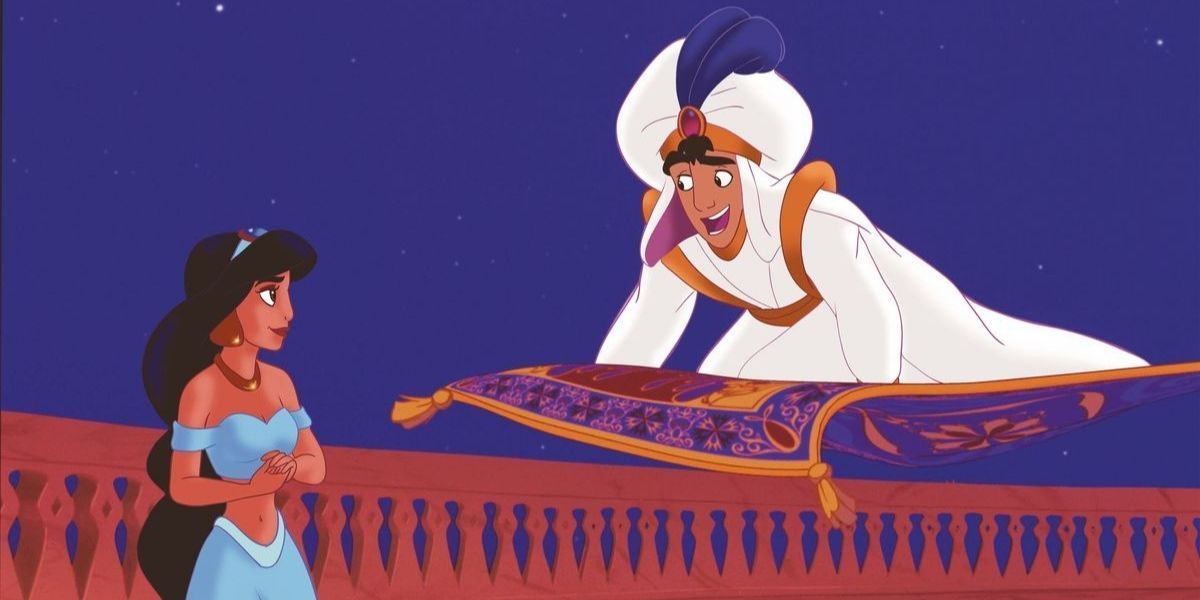 Aladdin on his flying carpet talking to Jasmine