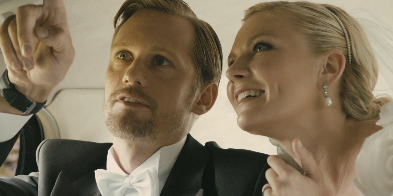 Alexander Skarsgard and Kirsten Dunst in a limo in Melancholia Cropped