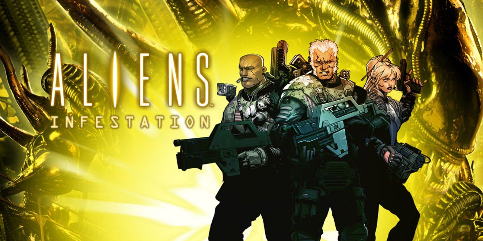 The title screen with the marines in Aliens Infestation