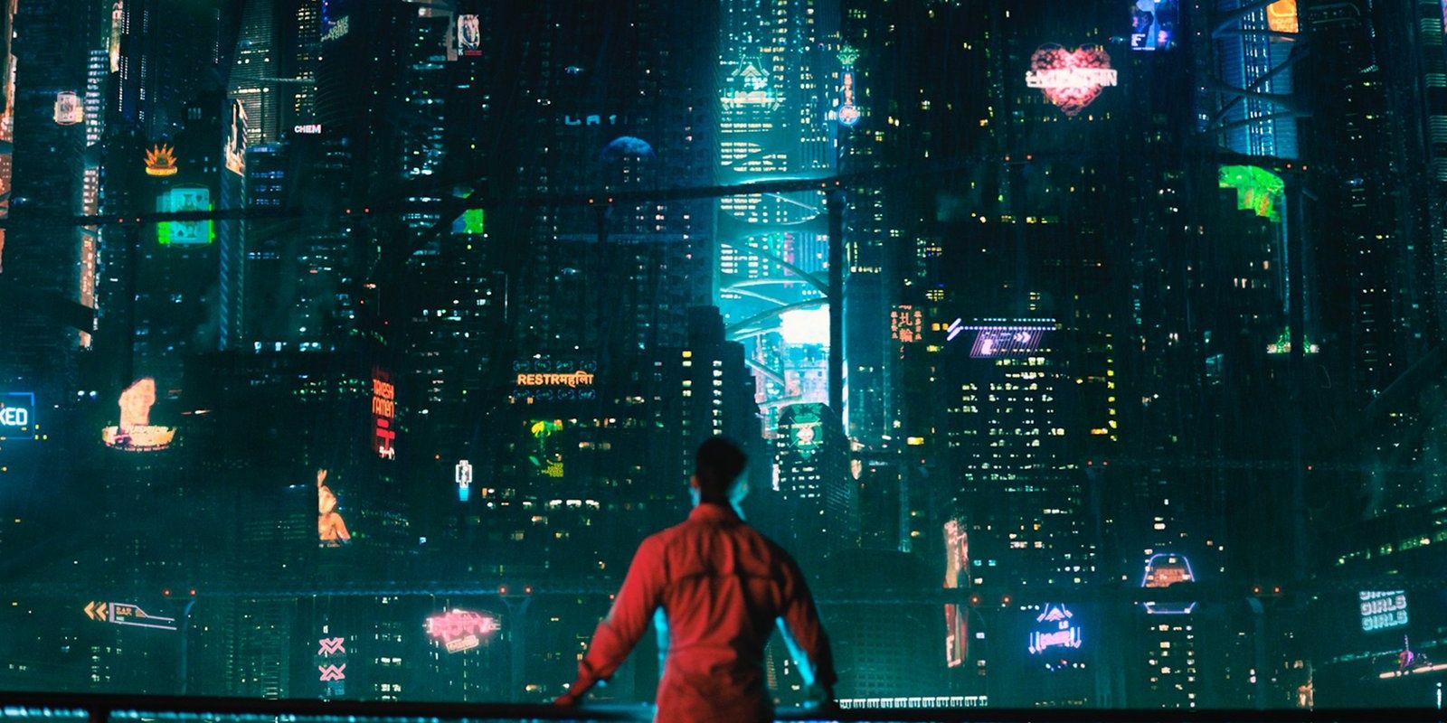 altered carbon image kovacs standing with back to the cemra facing city skyscrapers