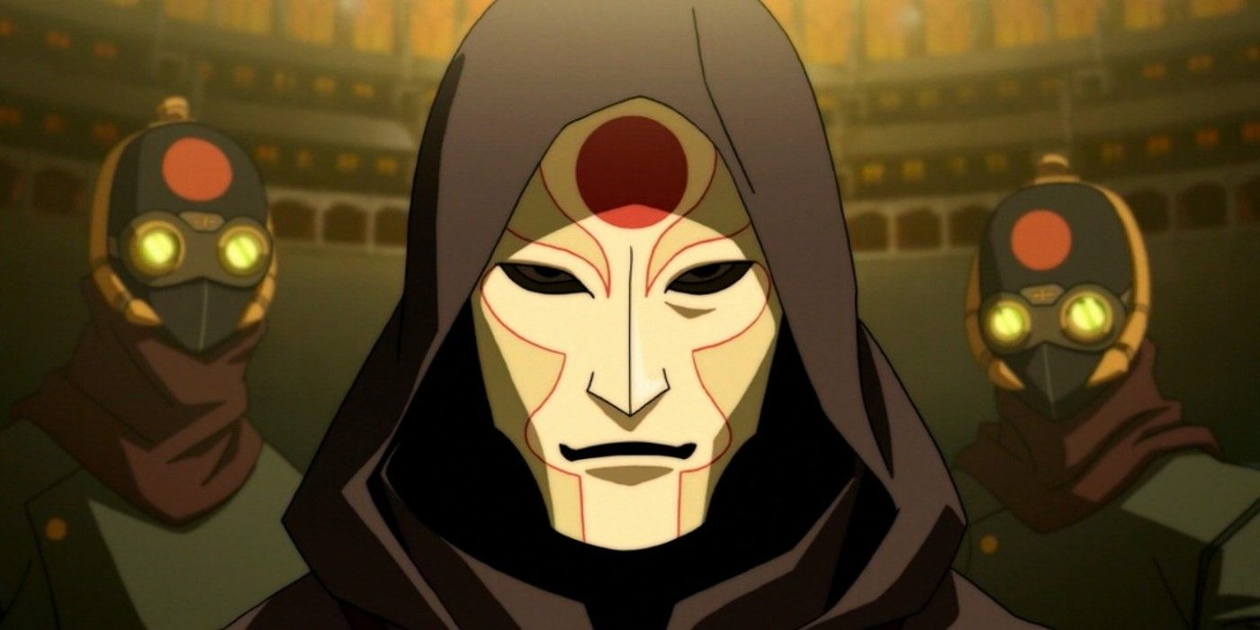 Amon looks at the viewer with two followers in The Legend of Korra