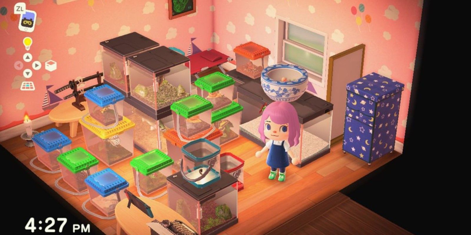 A cluttered room full of bugs and fish tanks in Animal Crossing: New Horizons