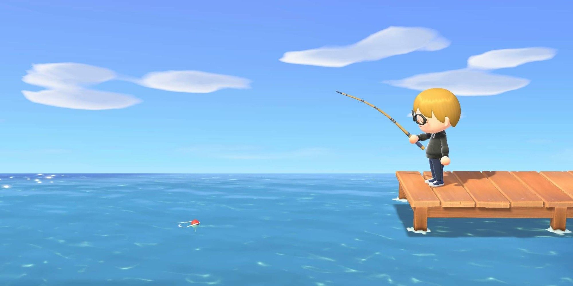 A player fishes off the pier in Animal Crossing: New Horizons.
