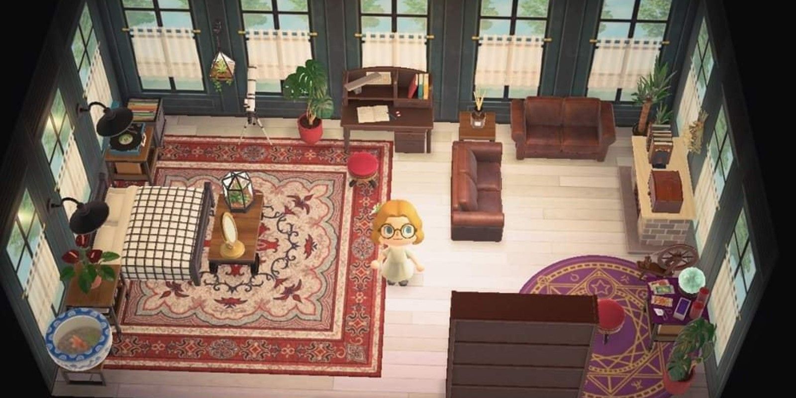 In Animal Crossing: New Horizons, a player uses a rug from his home to mark the zones of a room