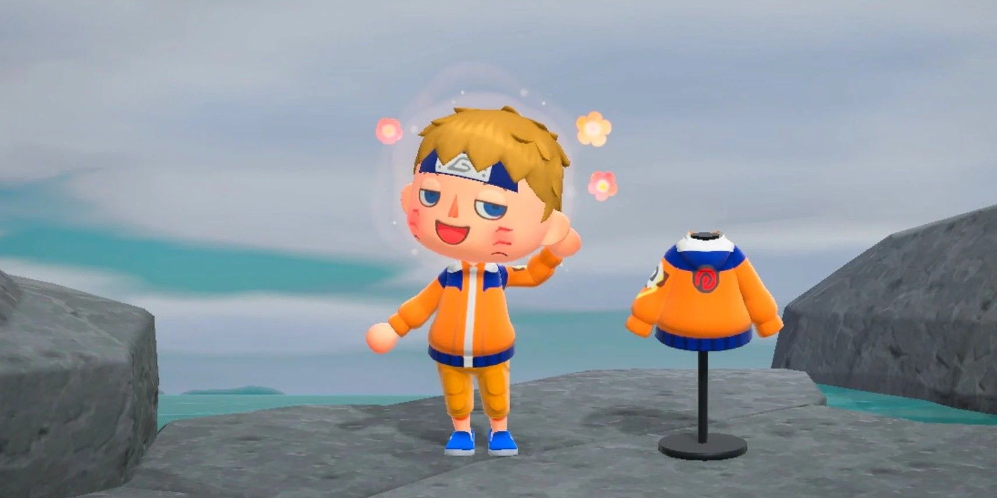 A player dressed as Naruto using custom clothing designs in Animal Crossing: New Horizons