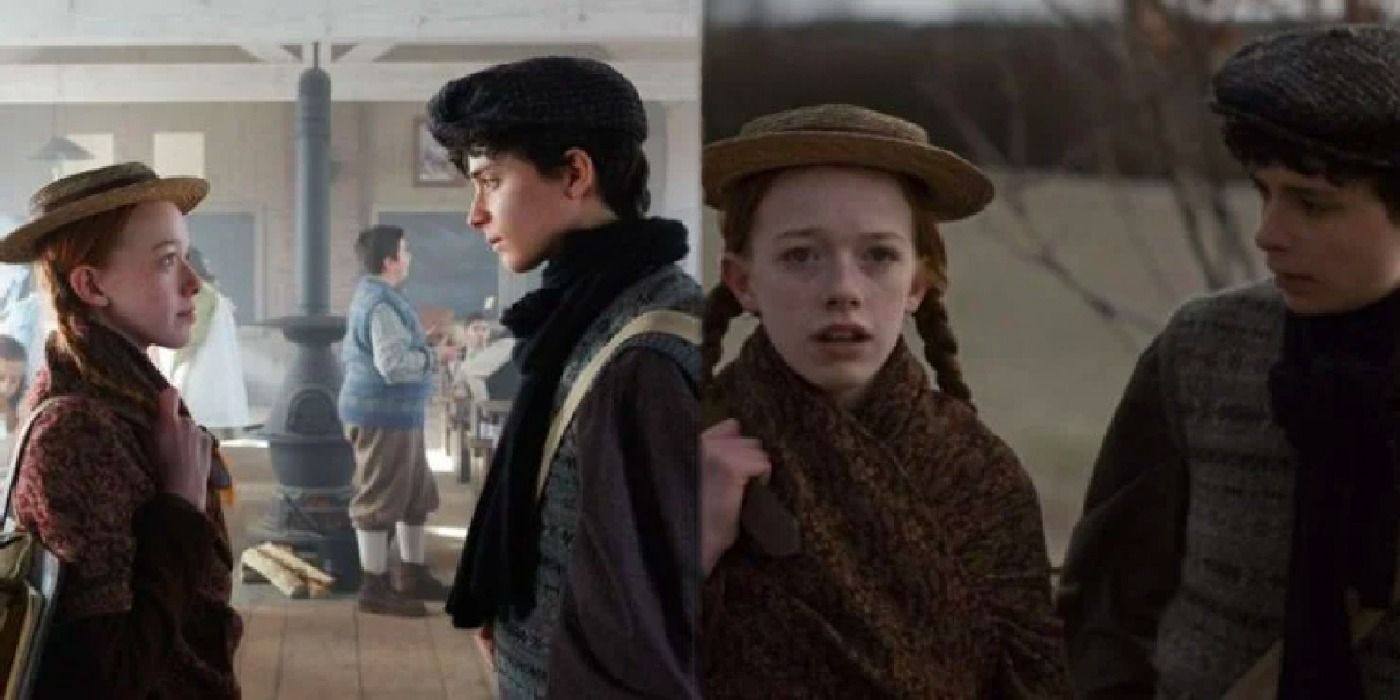 A split image depicts Anne and Gilbert in the school house and walking in the snow in Anne With An E