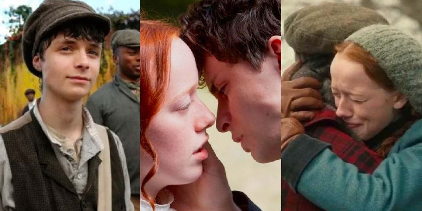 A split image depicts Gilbert Blythe walking, Anne and Gilbert leaning in for a kiss, and Anne Shirley hugging Gilbert in Anne With An E