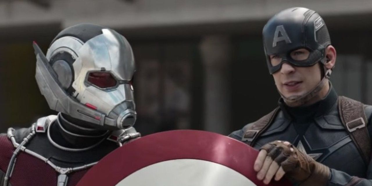 Ant-Man hands the shield to Captain America in Captain America: Civil War