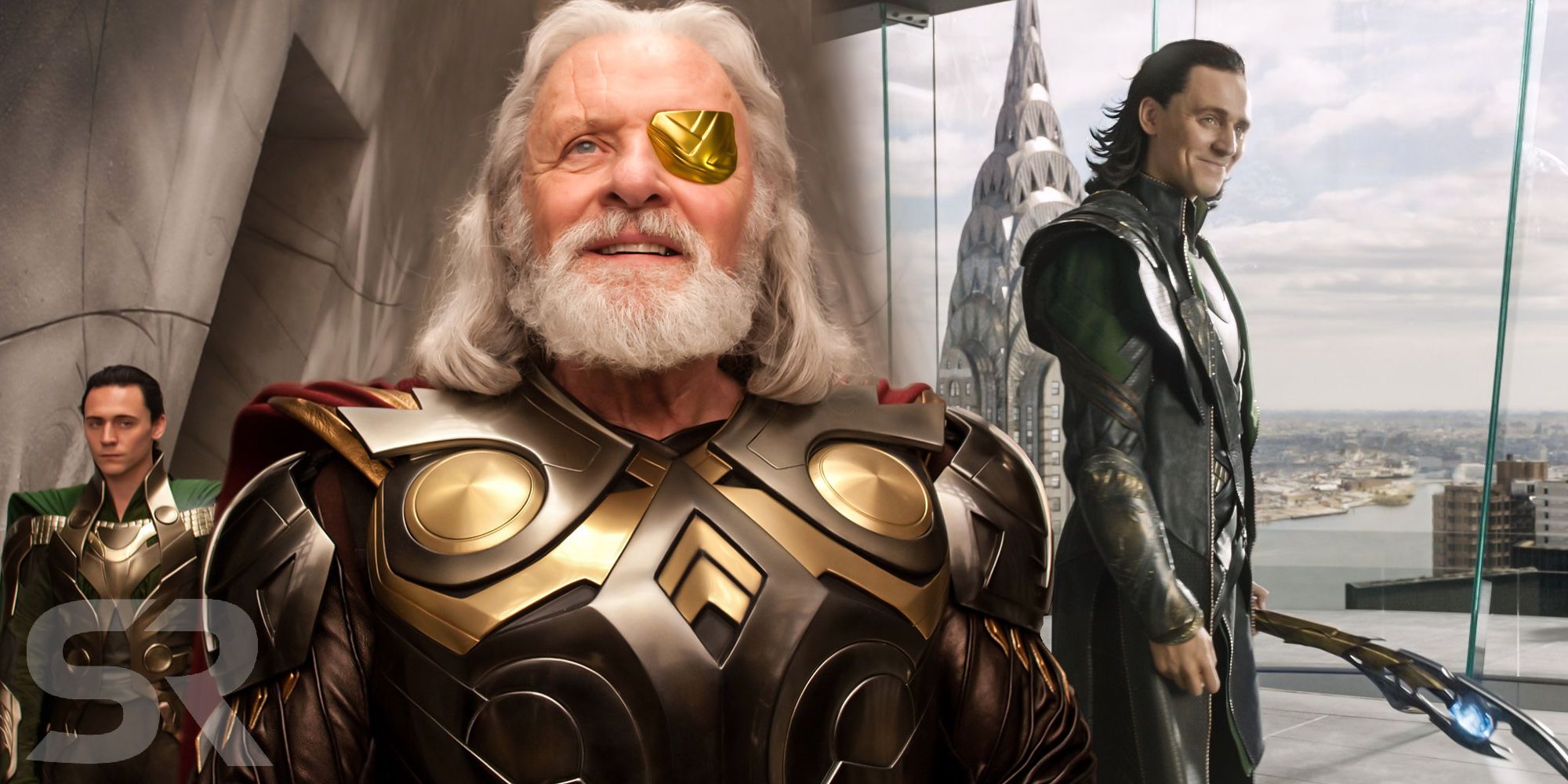 Anthony Hopkins as Odin in Thor and Tom Hiddleston as Loki in Avengers