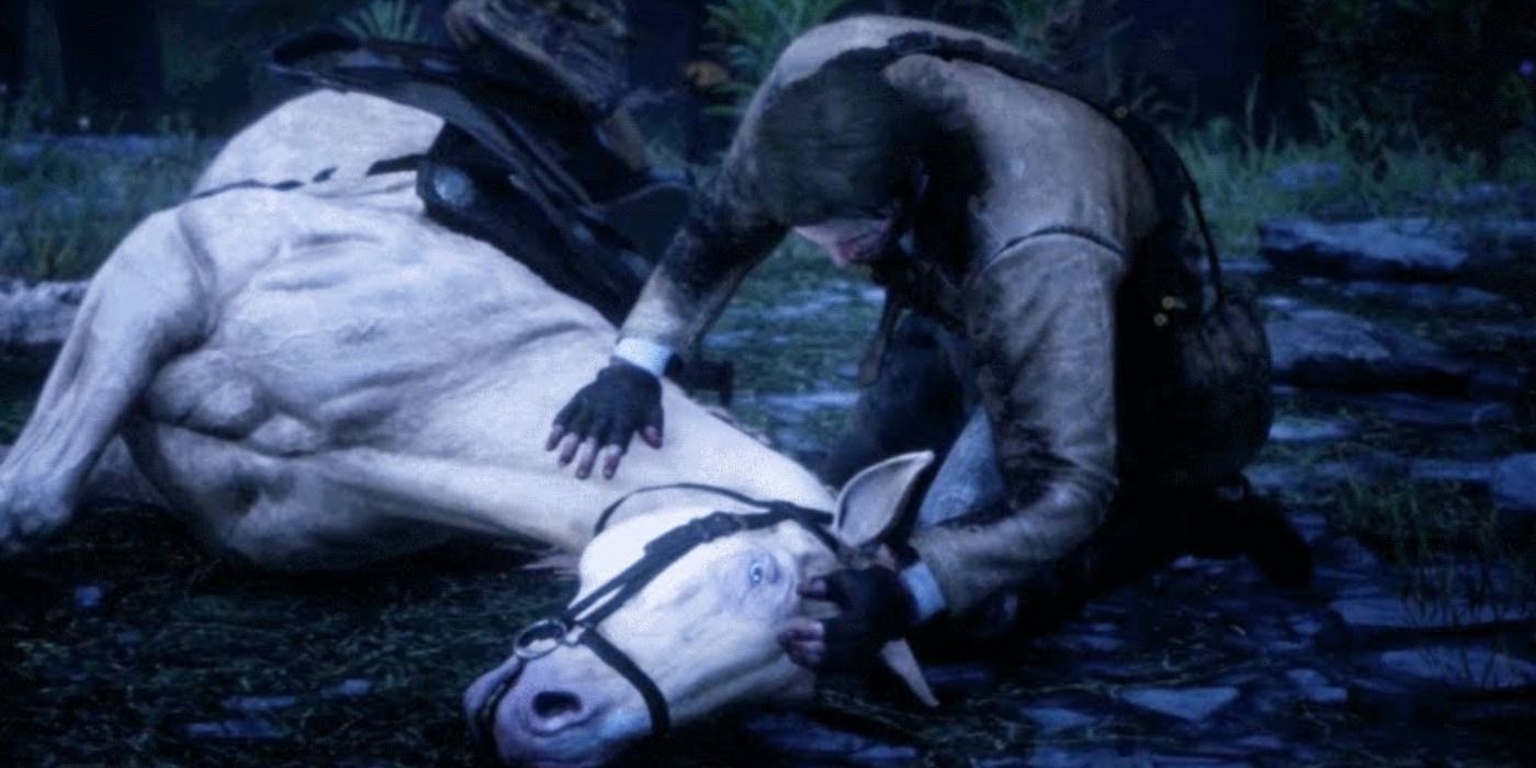 Arthur Morgan says goodbye to his horse as it dies in the final mission of Red Dead Redemption 2