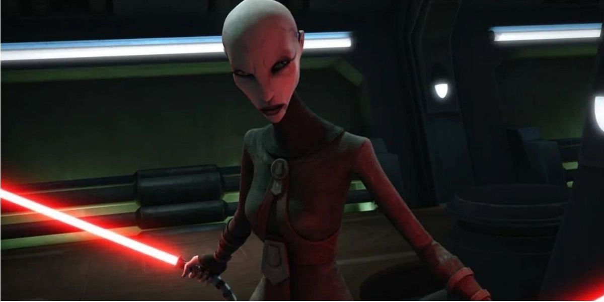 Asajj Ventress with a lightsaber in Star Wars the Clone Wars