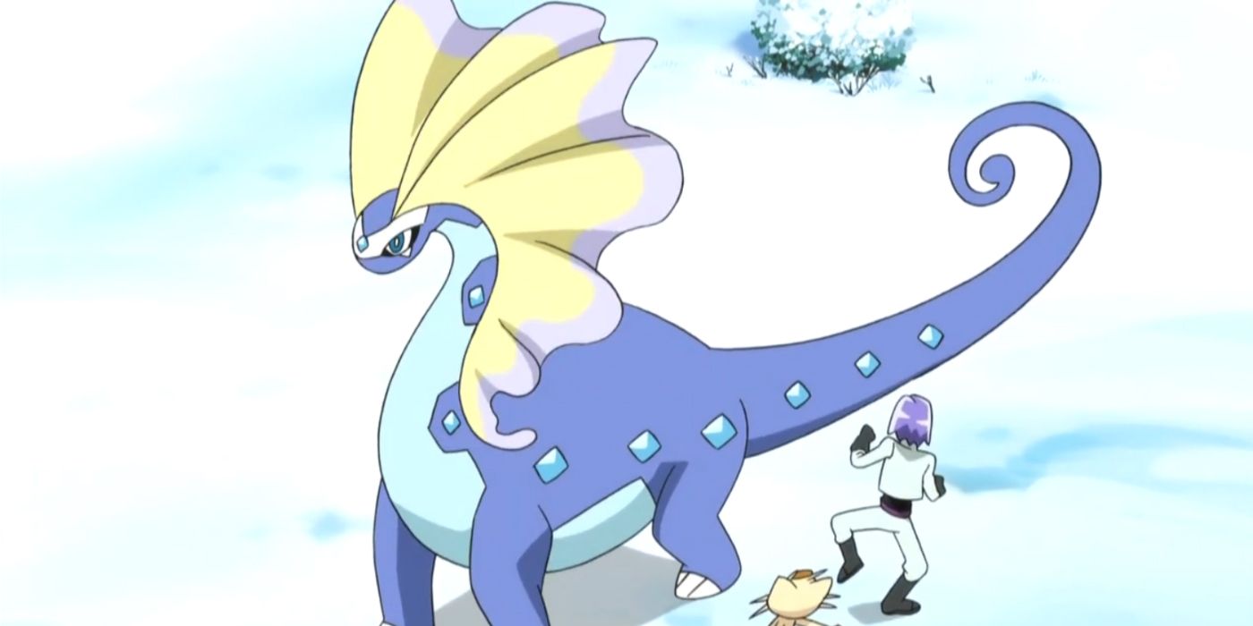 Aurorus standing in the snow next to James and Meowth in the Pokémon anime.