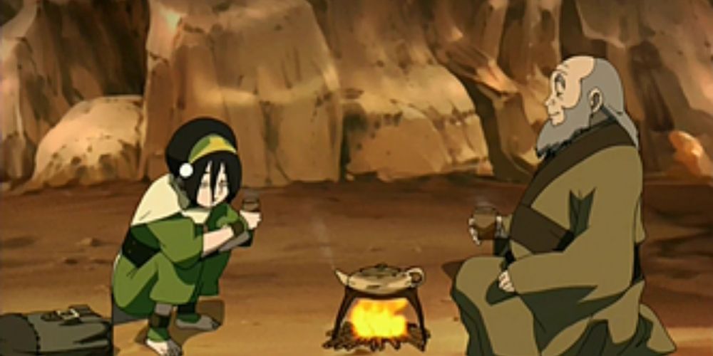 Toph e Iroh tomando chá juntos em Avatar: The Last Airbender