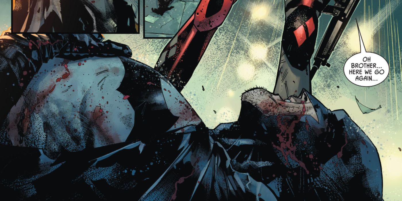 Batman unconscious at Harley Quinn&rsquo;s feet