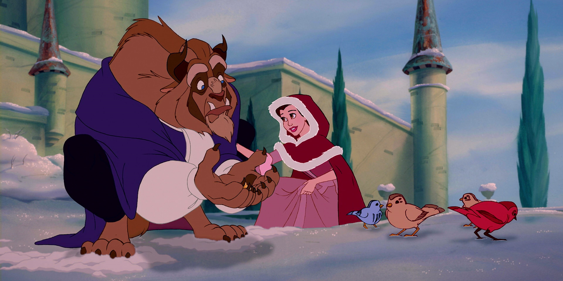 Belle and the Beast in the snow in Beauty and the Beast