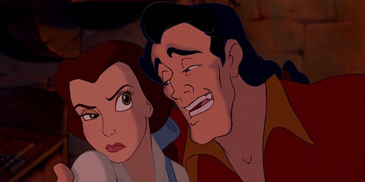 Belle looks displeased with Gaston in Beauty and the Beast