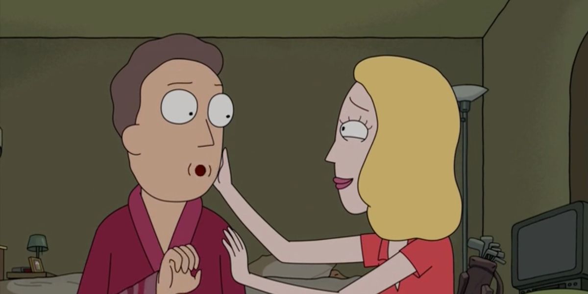 Beth holds Jerry's cheek in Rick and Morty