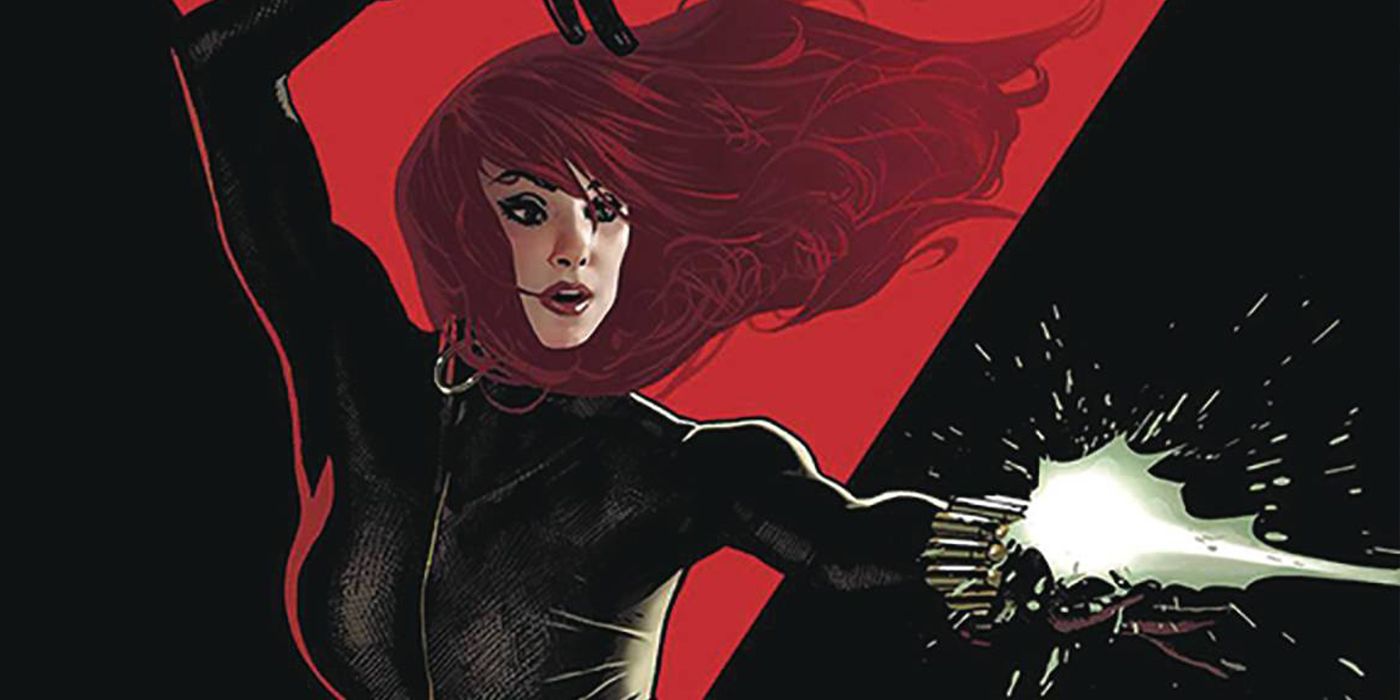 Black Widow menembakkan senjatanya di Marvel Comics.