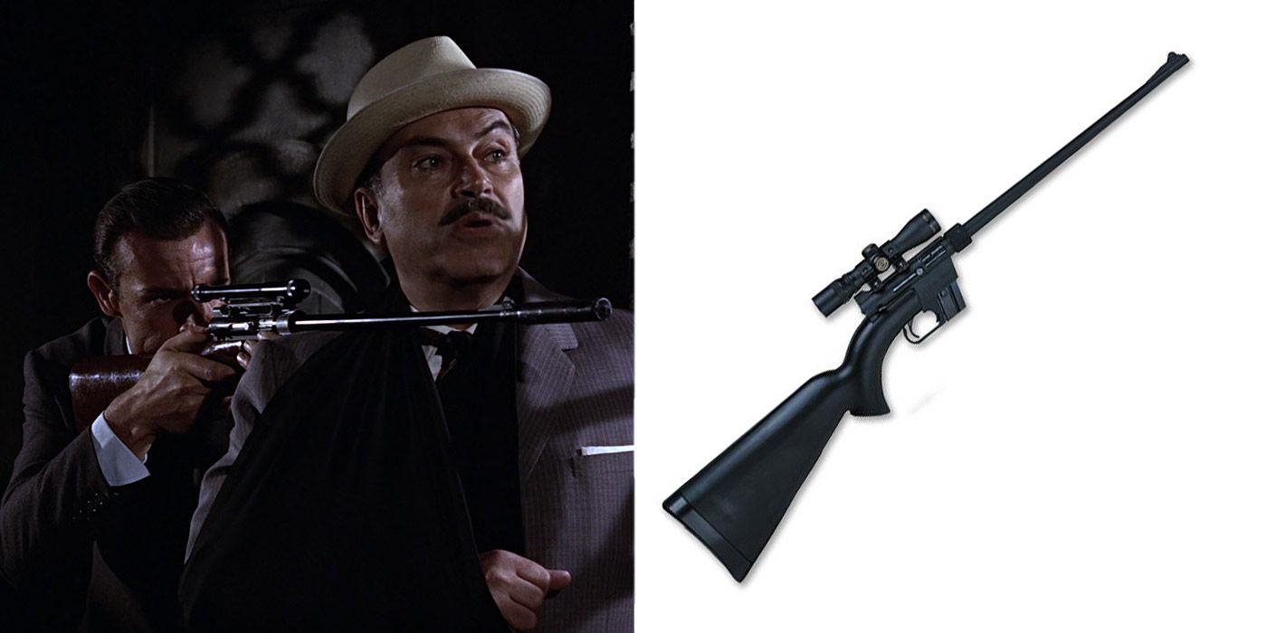 Bond aims an AR-7 rifle at a villain in From Russia With Love next to an image of the rifle