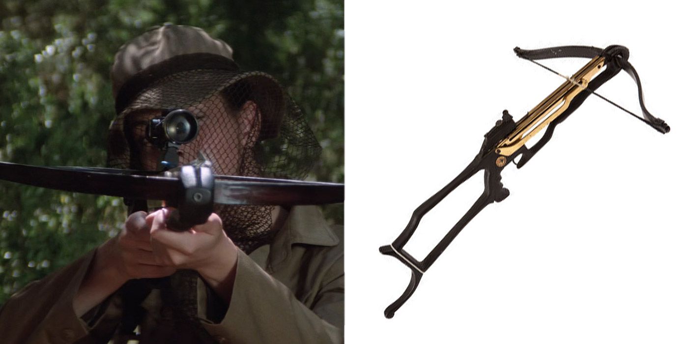 Melina aims a crossbow at Bond in For Your Eyes Only next to an image of the crossbow