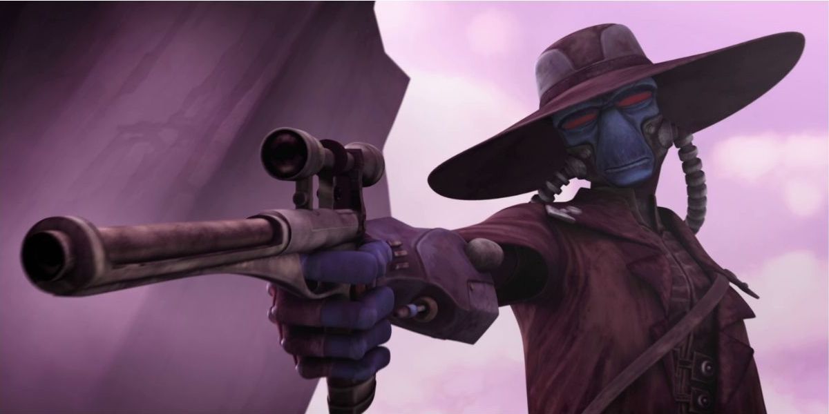 Cad Bane wars a big hat and aims his gun in Star Wars art.
