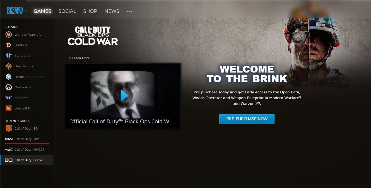 The Call of Duty Black Ops Cold War page on Battle.net.