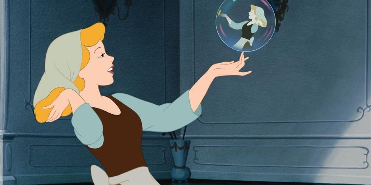 Cinderella admiring her reflection as seen in a soap bubble