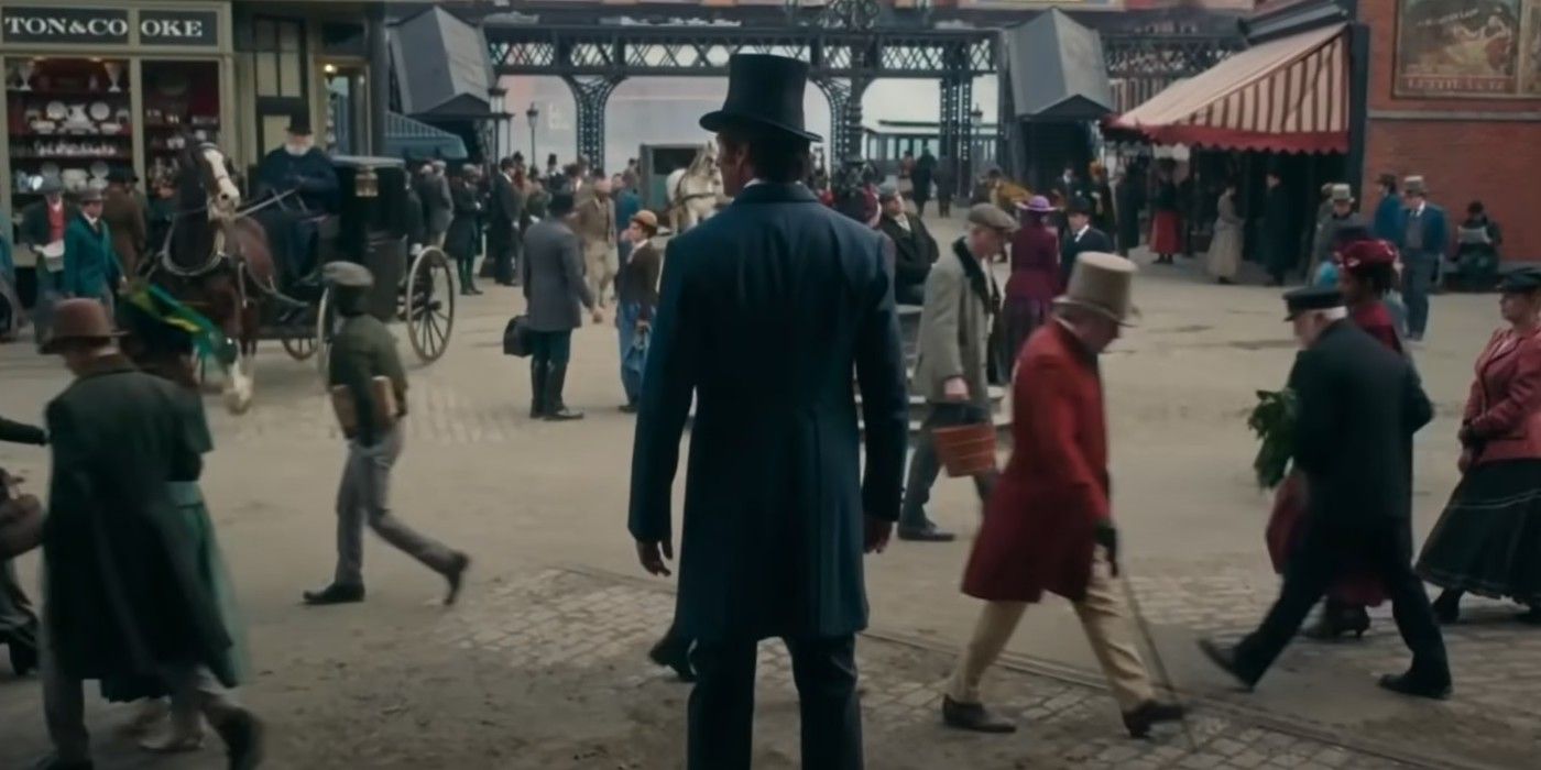 Hugh Jackman as PT Barnum outside his museum in The Greatest Showman