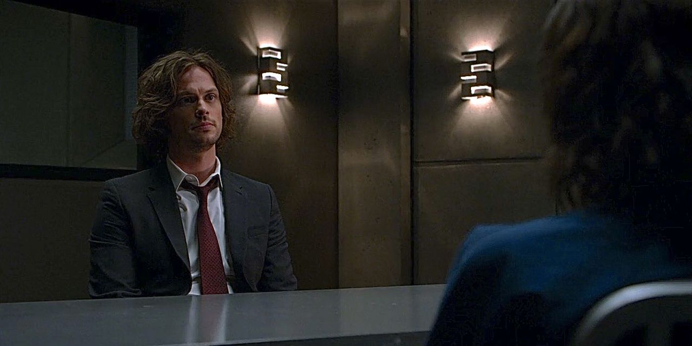 Reid sitting across from Cat in an interrogation room in the Criminal Minds episode Red Light
