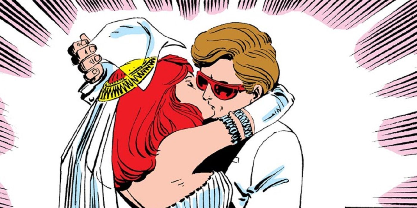 Cíclope y Madelyne Pryor se besan en su boda en los cómics de X-Men