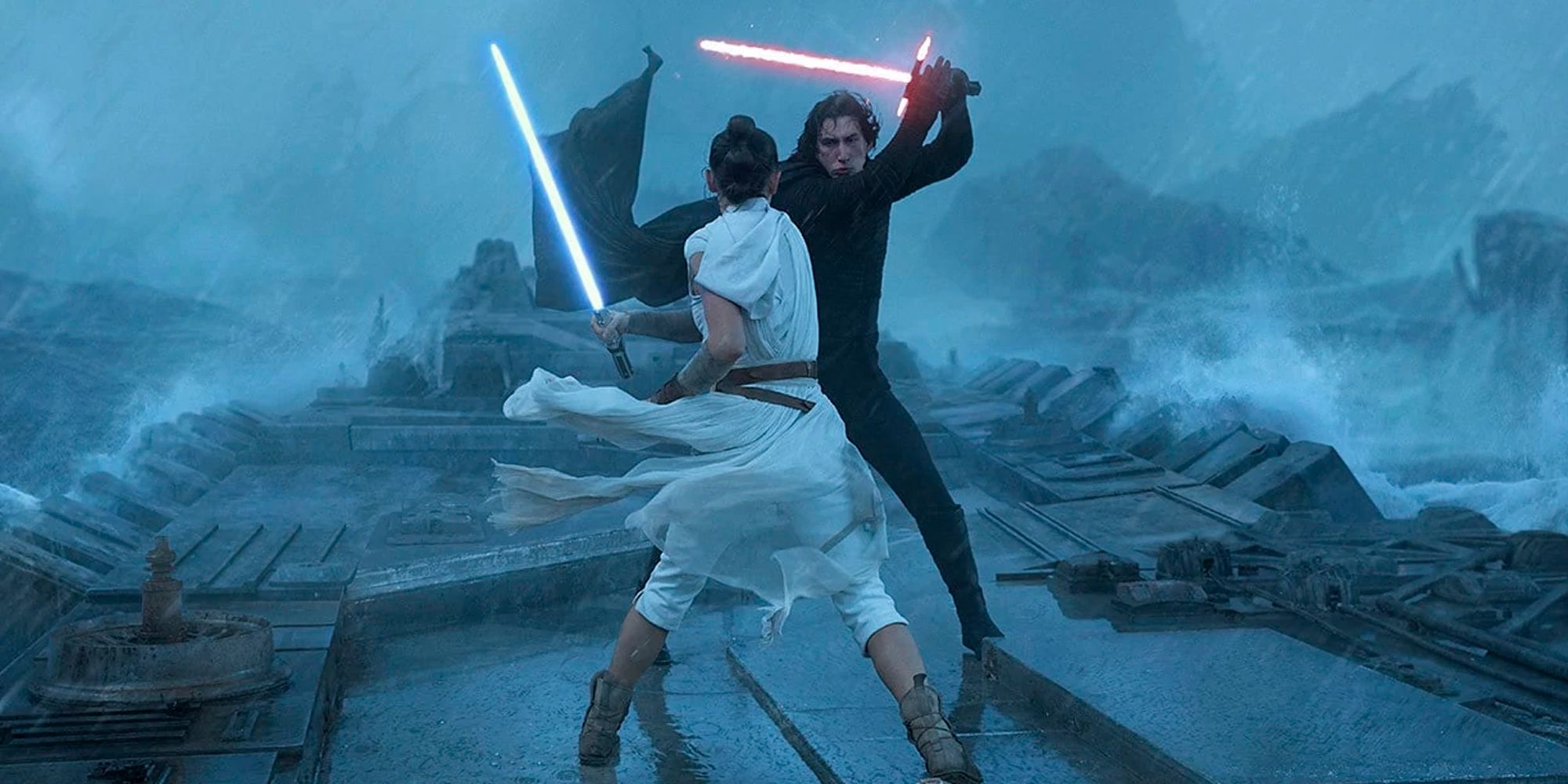 Daisy Ridley as Rey Skywalker duels Adam Driver as Kylo Ren in Star Wars Rise of Skywalker