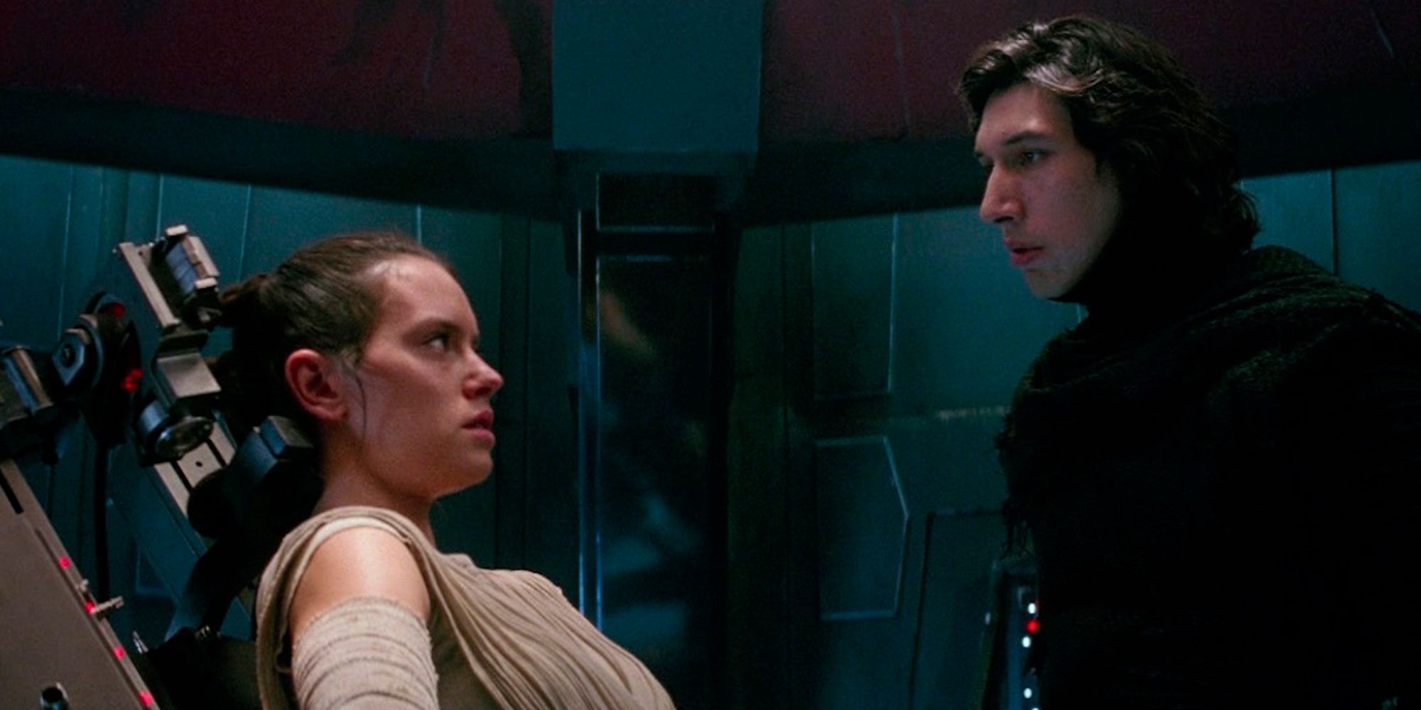 Rey being interrogated by Kylo Ren in Star Wars The Force Awakens